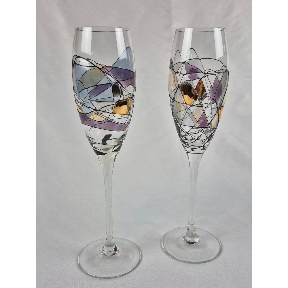 Set 2 Hand Painted Art Glass Champagne Flutes Abstract Gold Purple Toast Glasses